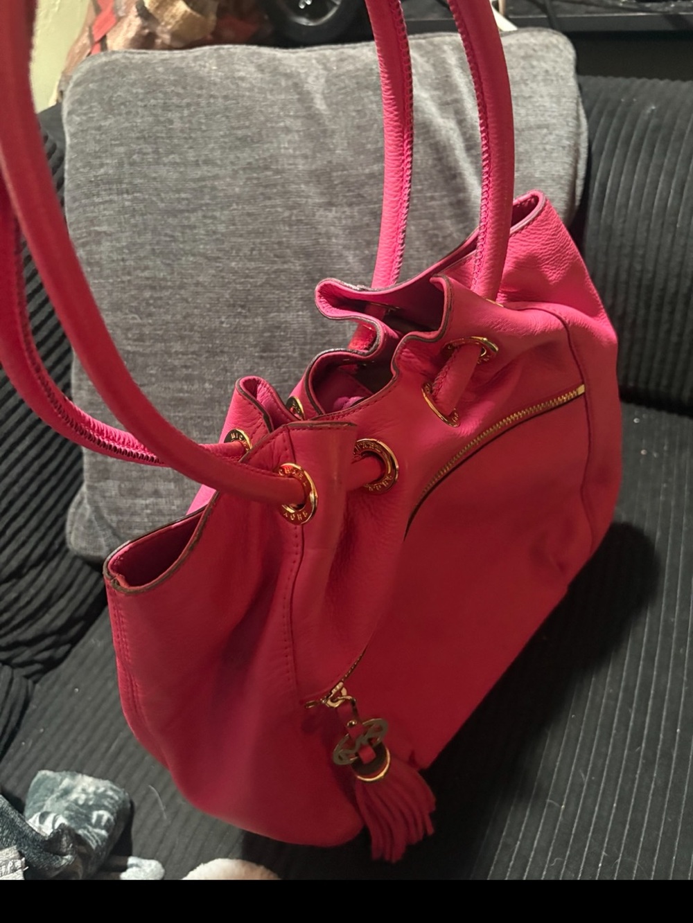 Pink coach leather Tote with Tassel Accent round unique handles